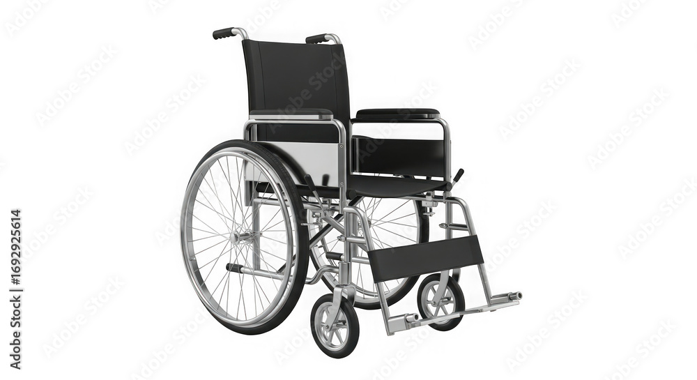 Fototapeta premium Modern wheelchair front side view high detail metal frame padded seat and back for mobility assistance and accessibility equipment transparent background