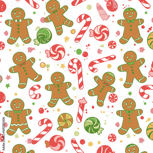 Gingerbread men and Christmas candy seamless pattern. Cute cartoon figures with bows and candy canes in a festive, holiday-themed background.