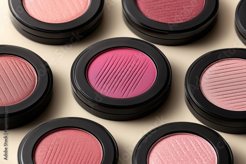 Colorful Blush Compacts Arranged in a Visually Striking Layout on a Light Bac...
