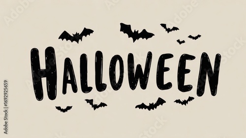 Hand-drawn Halloween text with scattered bats on a beige background.  The word 