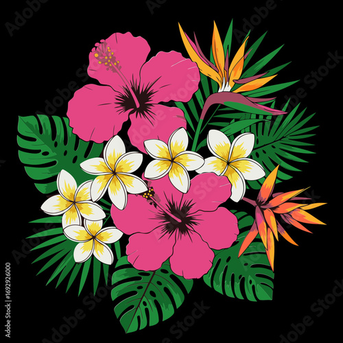 Vibrant tropical flower bouquet design featuring hibiscus, plumeria, and birds of paradise flowers with lush green leaves. Tropical floral arrangement on a dark background.