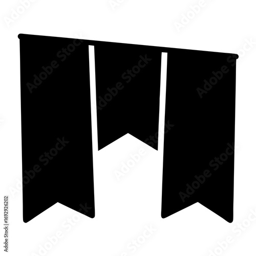 Black silhouette illustration of decorative banners hanging on a rod or rope