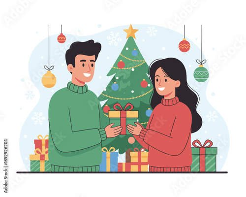 Holiday Gift Exchange: A cheerful scene unfolds as two individuals exchange gifts in front of a festively adorned Christmas tree, encapsulating the spirit of giving and shared joy.