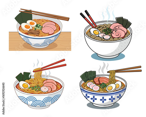 Four Bowls of Authentic Ramen: A vibrant illustration showcases four distinct bowls of steaming ramen, complete with chopsticks, delicious toppings.