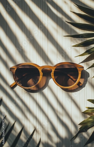 Stylish Wooden Sunglasses Placed on a Textured Surface With Shadow Patterns C...