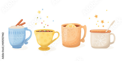 Hot chocolate, cocoa, tea mugs. Cups of hot Christmas drink with marshmallows, cinnamon, candies. Vector illustration set.