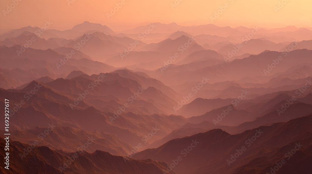 Naklejka premium A vast range of mountains veiled in a soft, rosy sunrise haze, showcasing layered peaks and valleys in a serene, atmospheric landscape.