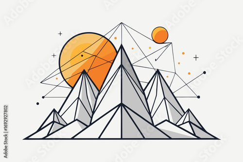 Mountain peaks with geometric sun orbit line design
