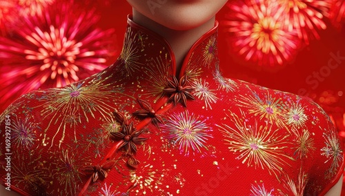 Close-up of a red Chinese-style top, adorned with firework patterns and spice-toned buttons, set against a backdrop of festive red flowers and fireworks
