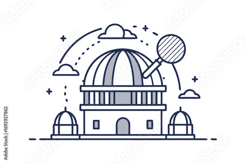 Observatory dome with telescope pinline outline drawing