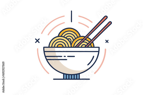 Noodle bowl with geometric chopsticks resting above design