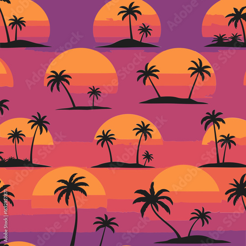 Tropical island sunset silhouette pattern with vibrant color gradients. Silhouetted palm trees and small islands on circular sunset backgrounds create a repeating design.