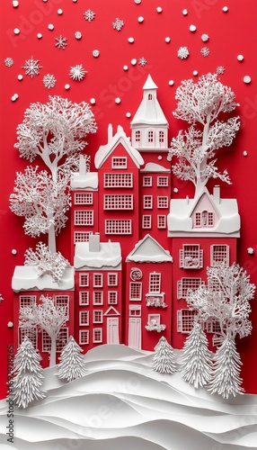 Festive Winter Village Display With Red Background and White Paper Decorations