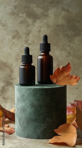 Elegant Natural Oils Displayed With Autumn Leaves on a Textured Surface in So...