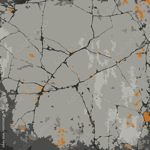 Gray cracked concrete surface with orange discoloration. Abstract design with deep cracks throughout. Design for textures or backgrounds.. General use -