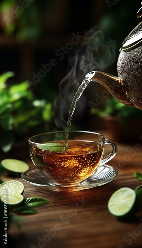 Hot Tea Being Poured Into a Glass Cup With Fresh Lime Slices on a Wooden Tabl...