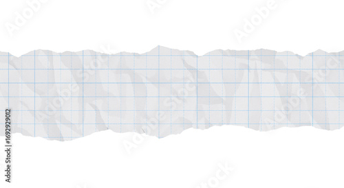 Torn piece of crumpled white graph paper with grid lines isolated on white background, png.