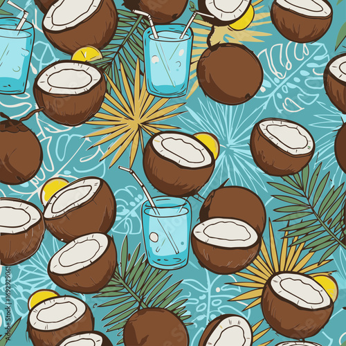 Tropical coconut and drinks seamless pattern with leaves. Hand drawn illustration of coconuts, drinks, and tropical foliage.