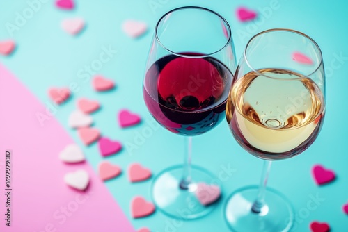 Valentines Day Celebration With Red and White Wine Glasses on Colorful Backgr...
