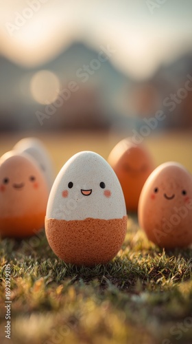 Cute Decorated Eggs Smiling on Green Grass During a Sunny Day in a Backyard S...