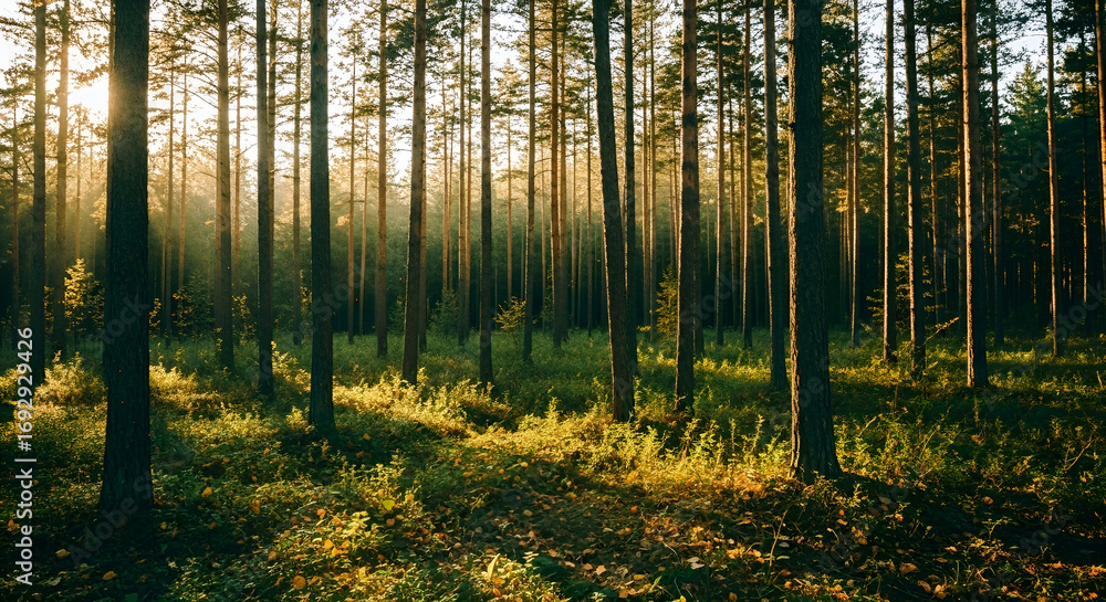 Fototapeta premium Forest of tall pine trees with sunbeams shining through