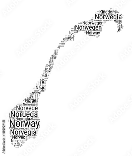 Black and white word cloud in Norway shape. Simple typography style country illustration. Plain Norway black text cloud on white background. Vector illustration.