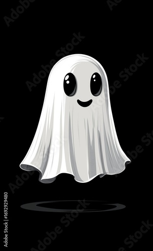 Cute Cartoon Ghost With Big Eyes Floating Against a Black Background.