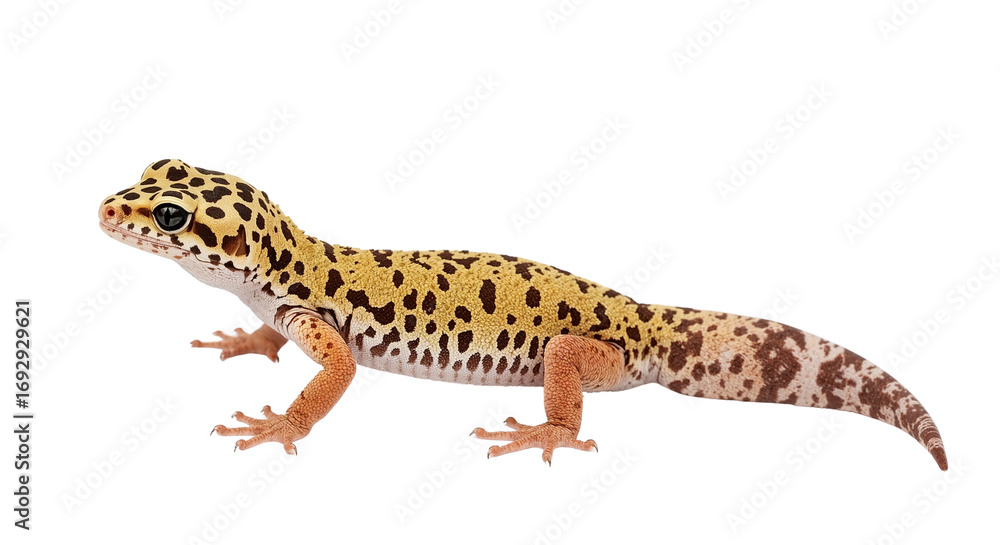 Naklejka premium Spotted gecko side view showing yellow body with brown spots and peach colored legs and tail. isolated on white background, png.