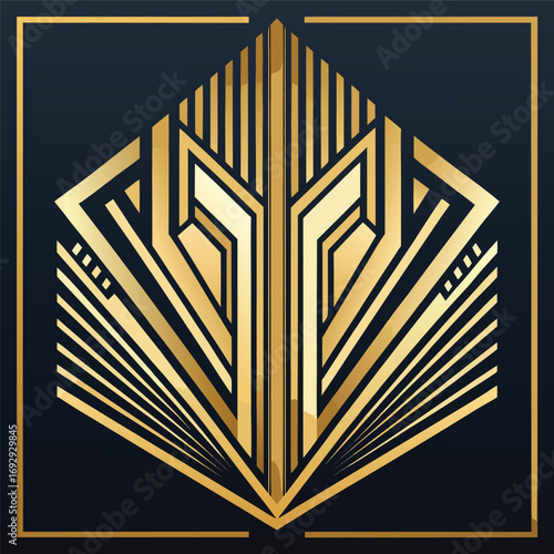 Art Deco Geometric Gold Emblem on Dark Blue Background vector illustration