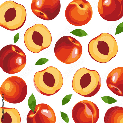 Realistic peach fruit pattern with whole and halved peaches, leaves, on a white background. Detailed illustration of fresh, ripe peaches for various uses.