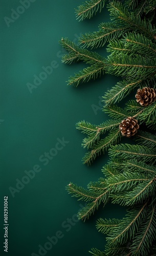 Festive Pine Branches With Pine Cones and Berries on Green Background for Hol...