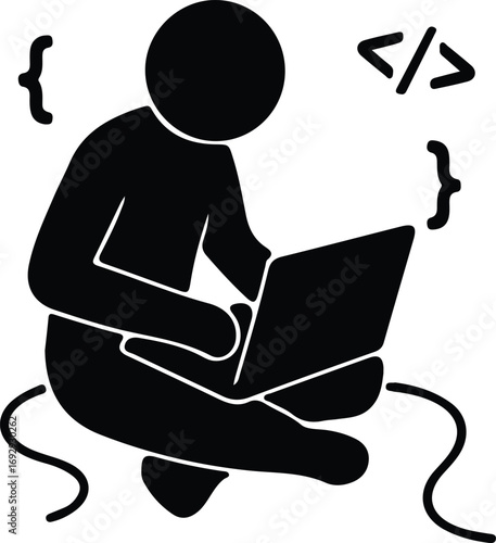 Silhouette coder programmer working on laptop vector illustrator