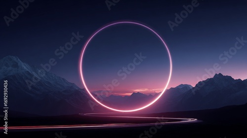 Pink neon ring floats above winding river in front of dark mountain range