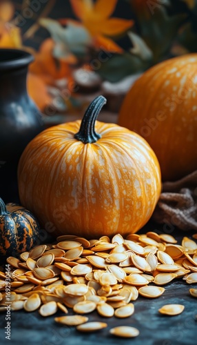 Bright Orange Pumpkins Surrounded by Seeds and Autumn Leaves in a Sunlit Sett...