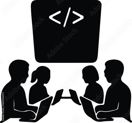 Silhouette group of developers coding on laptops vector illustrator