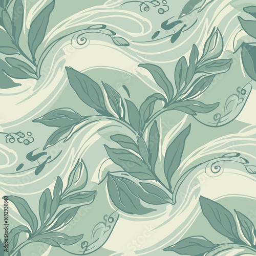 Abstract floral pattern with muted green leaves and stems on a light beige background with wavy lines. Delicate, flowing lines and shapes create a tranquil and nature-inspired design.