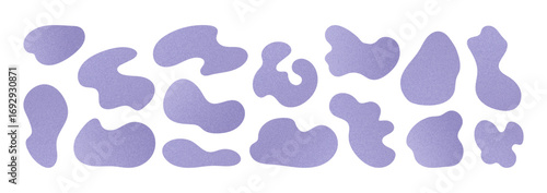 Pastel purple gradient colored irregular shapes set with grainy texture. Noisy effect liquid elements.