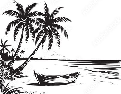 palm trees on the beach engraving outline vector art illustration design, palm tree silhouette, hand drawn beach drawing, line art palm tree, sea, beach, summer view, vintage palm tree on sea beach.	
