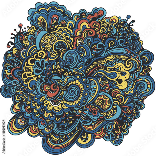Abstract intricate design with vibrant colors in a decorative style. Colorful swirls and patterns in a dynamic composition.
