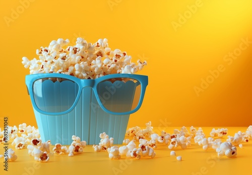 Popcorn in a Blue Container With Oversized Glasses on a Bright Yellow Background