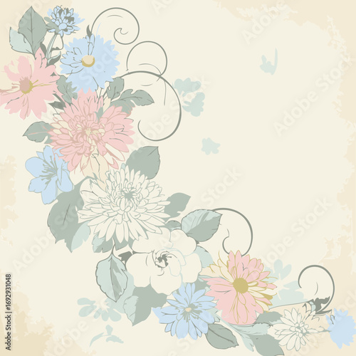 Floral decorative border with pastel colored flowers and leaves in a vintage style. Ornate scrolls and light-colored background.