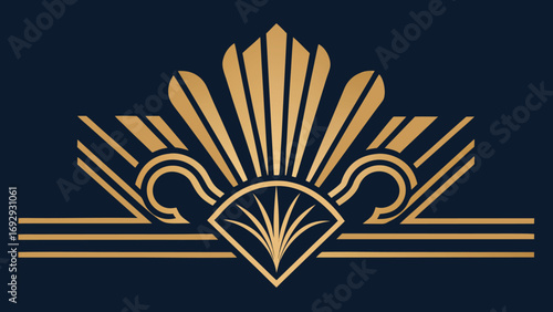 Art Deco Style Golden Fan- Shaped Decorative Element on Dark Blue Background vector illustration