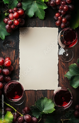 Elegant Wine Setup With Fresh Grapes and Blank Sheet for Invitations or Notes.