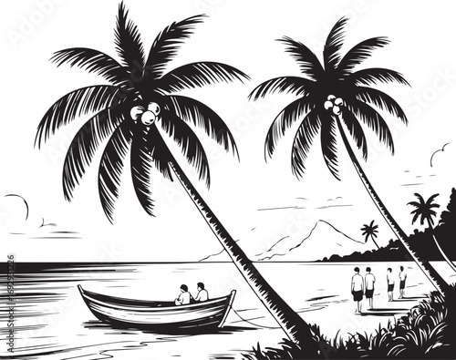 palm trees on the beach engraving outline vector art illustration design, palm tree silhouette, hand drawn beach drawing, line art palm tree, sea, beach, summer view, vintage palm tree on sea beach.	
