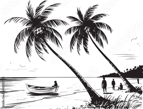 palm trees on the beach engraving outline vector art illustration design, palm tree silhouette, hand drawn beach drawing, line art palm tree, sea, beach, summer view, vintage palm tree on sea beach.	
