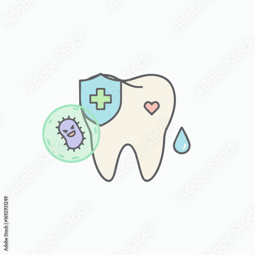 Flat vector tooth icon in pastel tones, minimal 2D style, isolated dental care symbol