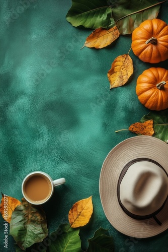 Pumpkin Decor and Warm Drink on a Teal Background During Autumn Season
