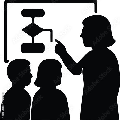 Silhouette teacher explaining algorithm to students vector illustrator