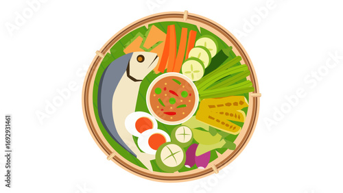 Nam prik kapi with fried mackerel and boiled vegetables