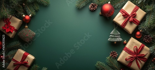 Colorful Christmas Decorations and Gifts Arranged on a Green Background With ...